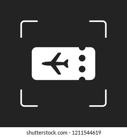 Simple ticket plane icon. Blank card. White object in camera autofocus on dark background
