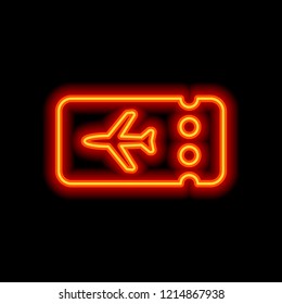 Simple ticket plane icon. Blank card. Orange neon style on black background. Light icon