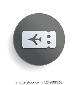 Simple ticket plane icon. Blank card. White paper symbol on gray round button or badge with shadow