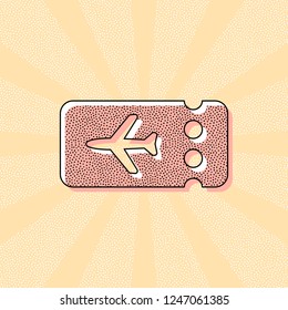 Simple ticket plane icon. Blank card. Vintage retro typography with offset printing effect. Dots poster with comics pop art background