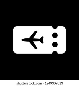 Simple ticket plane icon. Blank card. White icon on black background. Inversion