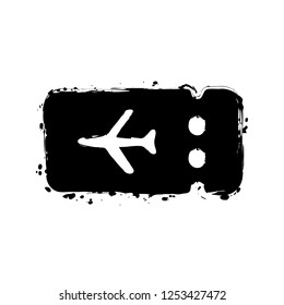 Simple ticket plane icon. Blank card. Black ink with splashes on white background
