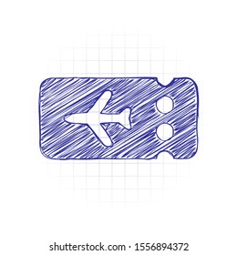 Simple ticket plane icon. Blank card. Hand drawn sketched picture with scribble fill. Blue ink. Doodle on white background