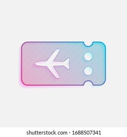 Simple ticket plane icon. Blank card. Technology logo with diagonal lines and colored gradient. Neon graphic, light effect. Blue and red colors