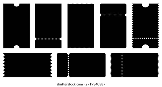 Billetes simples maquetas planas. Ticket patrón simple para cine, circo, teatro, festival, casino, club. Plantillas vacías. Ilustración vectorial de billetes y Cupones de papel en blanco.
