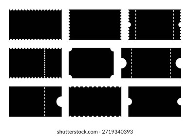 Billetes simples maquetas planas. Ticket patrón simple para cine, circo, teatro, festival, casino, club. Plantillas vacías. Ilustración vectorial de billetes y Cupones de papel en blanco.