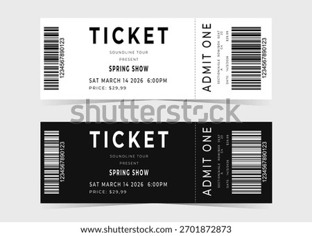 Simple tickets set. Black and White Ticket design template. Tickets for events, theater, circus, show and cinema. Vector illustration