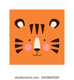 Simple tiger portrait. Cute animal head portrait, kawaii tiger face flat illustration