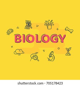 Simple tile with text "biology" with linear and thin icons.
Graphics on a yellow background.