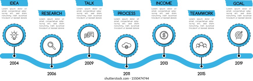 Simple timeline infographic with 7 options. Flowchart. Vector