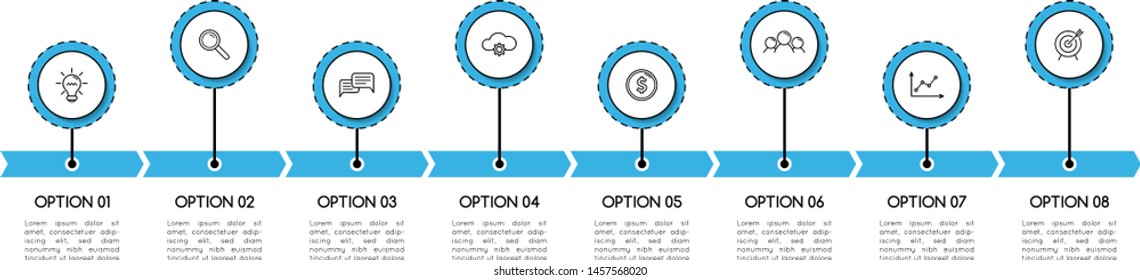 Simple timeline. Infographic with business icons and 8 options. Vector