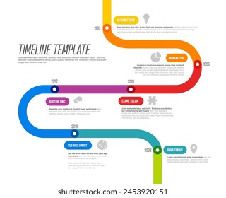 Plantilla de línea de tiempo simple hecha de segmentos de línea gruesa de color arco iris. Plantilla de infochart multipropósito que muestra hitos principales o etapas importantes.