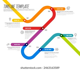 Simple timeline template made of rainbow color thick line segments. Multipurpose infochart template displaying main milestones or important stages on diagonal path.