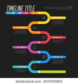 Simple timeline template made of rainbow color thick line segments. Multipurpose infochart template displaying main milestones or important stages on the time path with dark background.
