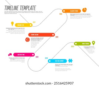 Simple timeline template made of rainbow color thick line segments on dotted time line. Multipurpose infochart template displaying main milestones or important stages on diagonal timeline path.