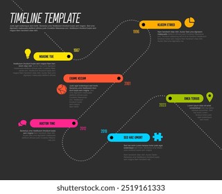 Plantilla de línea de tiempo simple hecha de segmentos de línea gruesa de color arcoíris en línea de tiempo punteada. Plantilla de infografía oscura multipropósito que muestra los hitos principales o las etapas importantes en la trayectoria de la línea de tiempo diagonal.