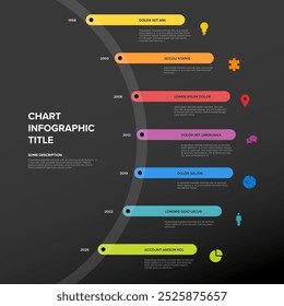 Plantilla de línea de tiempo simple hecha de segmentos de línea gruesa de color arcoíris en un círculo grande. Plantilla de infografía oscura multipropósito que muestra los principales hitos o etapas importantes en la trayectoria circular.