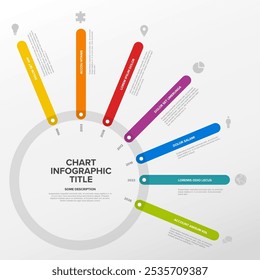 Plantilla de línea de tiempo simple hecha de segmentos de línea gruesa de color arcoíris en un círculo grande. Plantilla de infografía multipropósito que muestra los principales hitos o etapas importantes en la trayectoria circular.