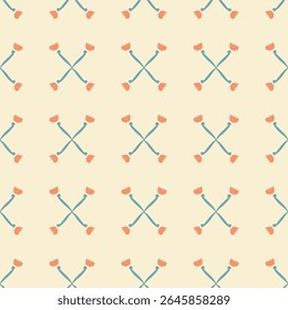 Simple tiny flowers and stems placed in X shape, forming a minimalist botanical pattern in colors of orange and teal on butter yellow background. Floral seamless vector pattern. Great for home decor.