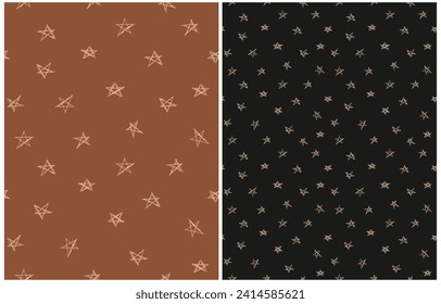 Simple Tiny Stars Seamless Vector Patterns.Irregular Hand Drawn Starry Print. Infantile Style Galaxy Design. Little Beige Stars Isolated on a Black and Chocolate Brown Background. RGB. 
