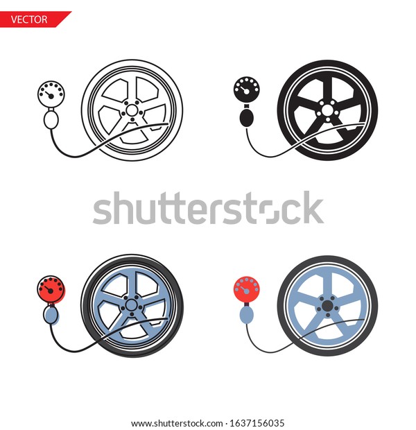 Simple tire pressure gauge icon on white\
background 4 types such as outline, black, color, outline and\
color. Vector\
illustration.