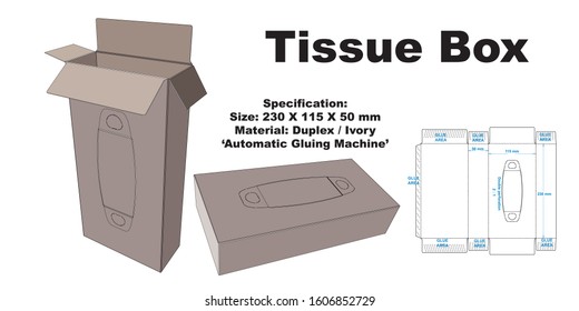 A simple tissue box layout.  Box size 230x115x50 mm.  Automatic gluing machine.