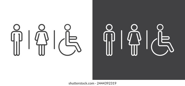 Simple toilet icon, male, female and disability icon vector. wc , Restrooms icon in flat style. Male and female icon vector  in black and white background.