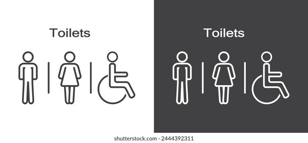 Simple toilet icon, Man woman and disability icons sign and symbol, Restrooms icon in flat style. Male and female icon vector  in black and white background.