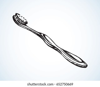 Simple toothbrush on light backdrop. Freehand outline black ink hand drawn picture logo sketchy in retro art scribble style pen on paper. Closeup side view with space for text