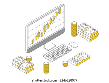 It is a simple touch isometric illustration with rising stock prices and lots of money.