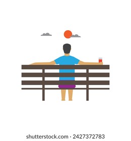 A simple tourist sitting and holding glass of water looking sunset, freedom relax enjoyment travel trip, solo camping on vacation, copy space for text editable shape object