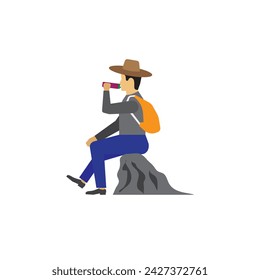 Simple a tourist sitting on the rock drinking water and rest on the way to hiking, journey and relaxation long trip concept, copy space for text white background editable object or shape