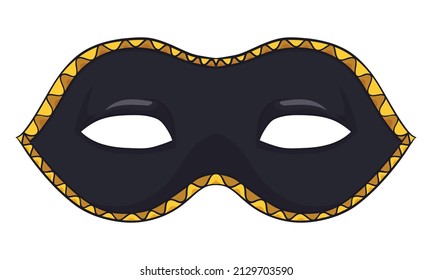 Simple and traditional Colombina half-mask in black color and golden decorated border. Design in cartoon style, isolated over white background.