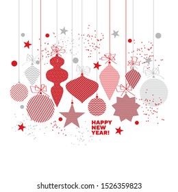 Simple traditional red geometric xmas tree baubles motif for card, header, invitation, poster, social media, post publication. Vector illustration with xmas decoration set.
