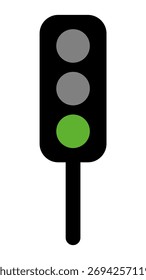 Um simples design de sinal de trânsito com duas luzes cinzentas e uma verde. Vara preta abaixo