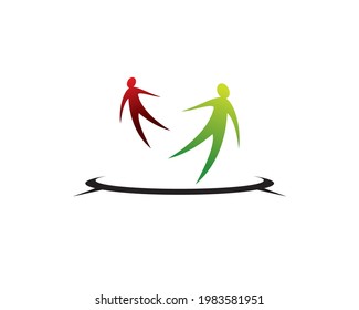 simple trampoline logo with two human childrens figures jumping around
