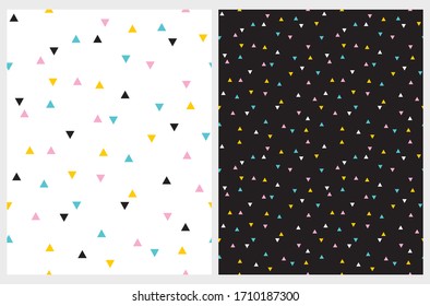 Simple Trangle Vector Patterns. Colorful Triangles on a White and Black Background. Cute Geometric Irregular Backdrop. Abstract Confetti Rain Print. Abstract Minimalist Tile.