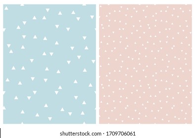 Simple Trangle Vector Patterns. White Triangles on a Pastel Blue and Light Pink Background. Cute Pastel Color Geometric Irregular Backdrop. Abstact Confetti Rain Print. Abstract Minimalist Tile.