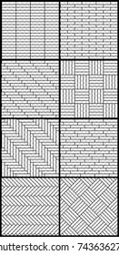 simple transparent parquet floor set: herringbone, stripes, squares seamless patterns, vector collection