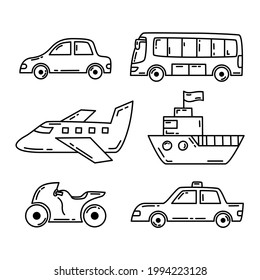 Simple Transportation Element Vector Set, Car, Bus, Air Plane, Ship, Motorcycle, and Taxi, Cartoon Style Line Art Illustration Design Suitable for Kids Coloring Book