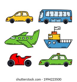 Simple Transportation Element Vector Set, Car, Bus, Air Plane, Ship, Motorcycle, and Taxi, Cartoon Style Line Art Illustration Design