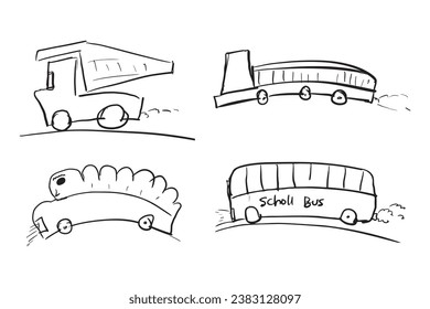 simple transportation vector set with children's scribble style. school buses construction trucks and imaginative vehicles