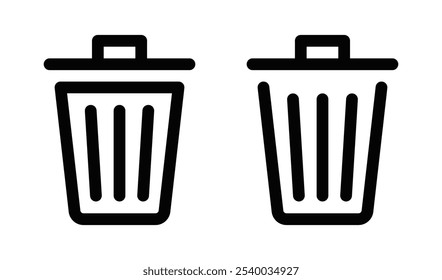 Simple trash bin icons, ideal for delete, garbage, and recycling concepts in user interfaces. Vector illustration. Editable stroke.