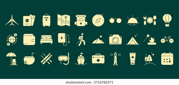 Simple Travel and Adventure Solid Icon Set, Incluindo Bagagem, Passaporte, Mapa, Câmera, Camping e Viagens Experiências
