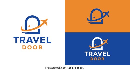 Simple travel door logo template. Door with airplane logo design vector illustration.
