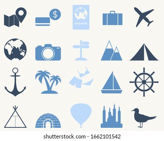 Conjunto de iconos de viaje simple. Elementos turísticos para la web con volante, plano, maleta, globo de aire caliente, camping, dinero, mapa de tierra aislado en fondo blanco. Ilustración de material vectorial.