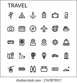 Simple Travel Icons Line Style Contain Such Icon as Sign, Nautical, Briefcase, Suitcase, Door Tag, Backpack, Flight, Schedule, Map, Route, Compass, Location, Camera and more.