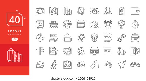 Simple travel icons set. Travel and vacation icon set. Travel, flight, accommodation, destination booking and more, thin line icons set, vector illustration