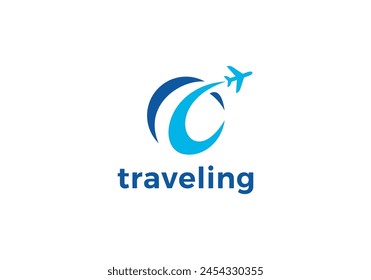 simple travel logo. airplane with globe icon vector design