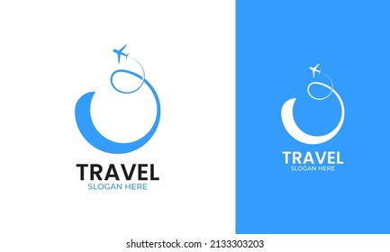 Simple travel logo design. Plane and line vector for a trip agency or holiday